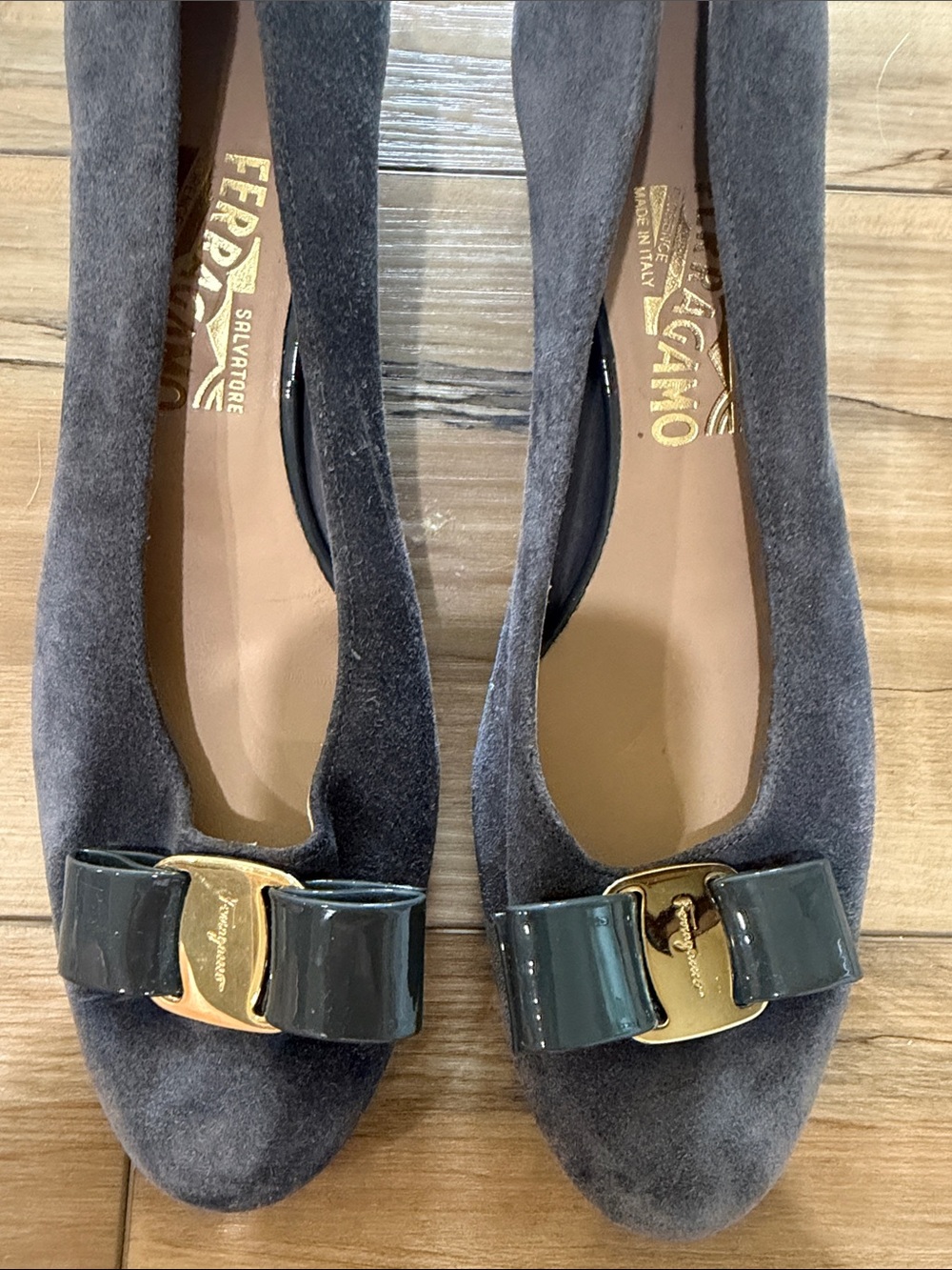 Salvatore Ferragamo Charcoal Suede Vara Bow Flats with Gold Accent
